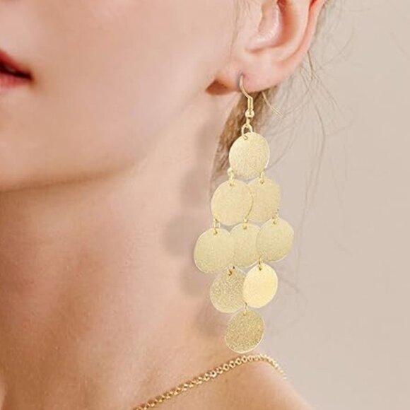 Gold Round Disc Drop Earrings - Picture 1 of 3